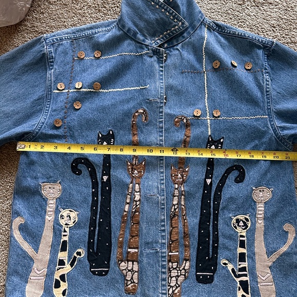 Vintage Jean Denim Jacket Cat Mom Embroidery Appliqué Quirky Cottagecore Artsy S - Picture 13 of 15